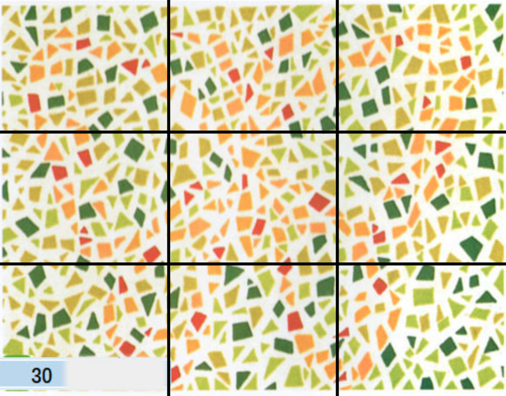 中央（第 5 格）竖直方向有条红头（1 节）橙身（3 节）虫